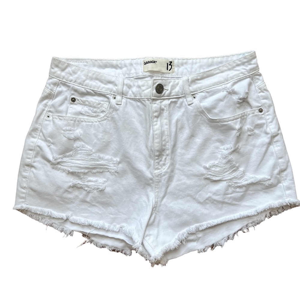 Womens’s Garage Festival White Distressed Cut-off Jean Shorts 13